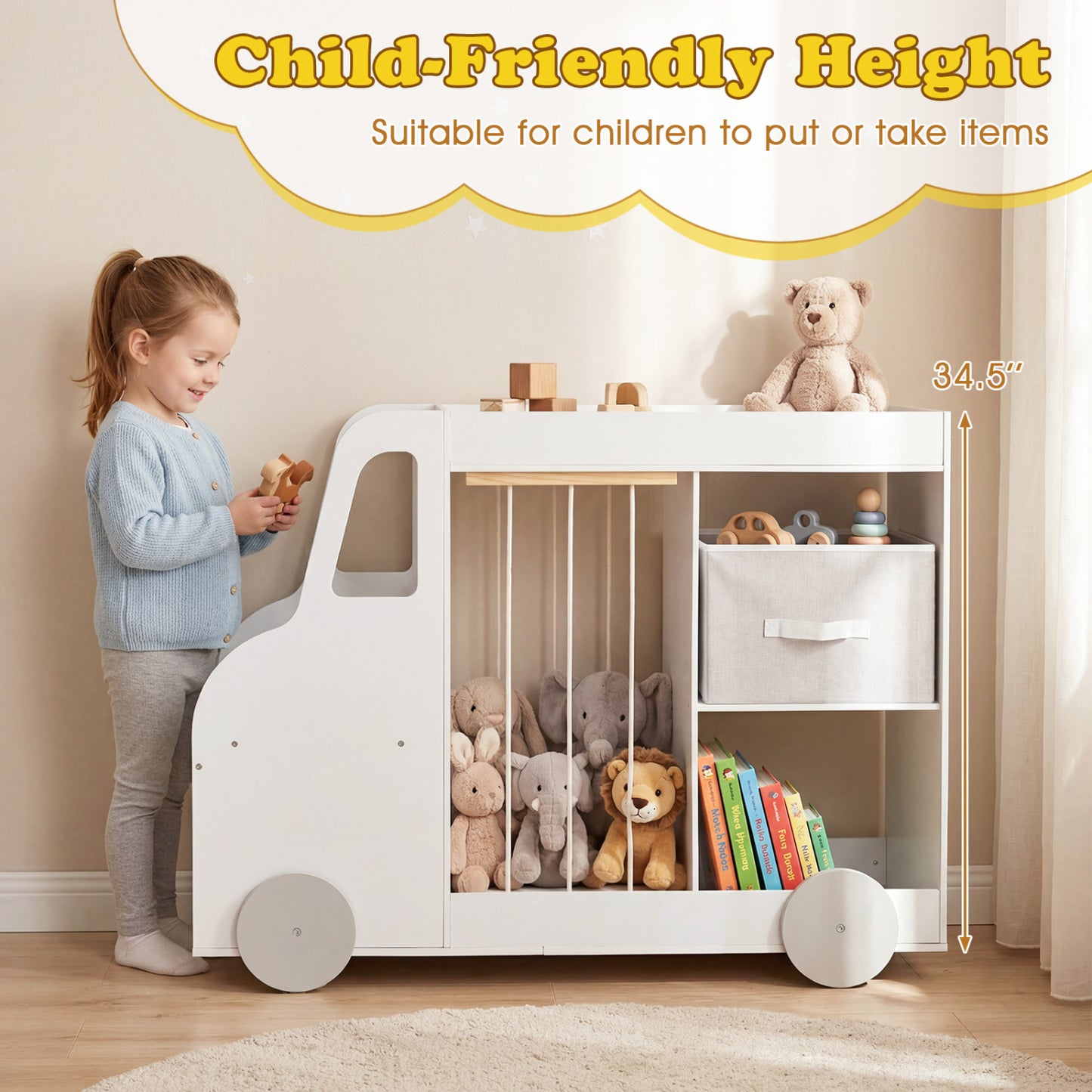 Toy Storage Organizer with Stuffed Animal Storage Fabric Drawer and Universal Wheels, White