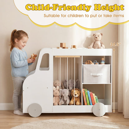 Toy Storage Organizer with Stuffed Animal Storage Fabric Drawer and Universal Wheels, White