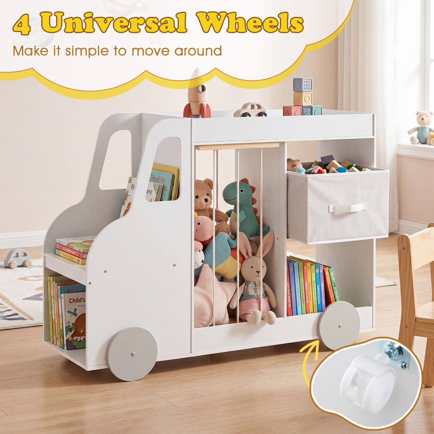 Toy Storage Organizer with Stuffed Animal Storage Fabric Drawer and Universal Wheels, White