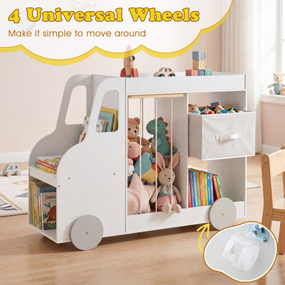 Toy Storage Organizer with Stuffed Animal Storage Fabric Drawer and Universal Wheels, White