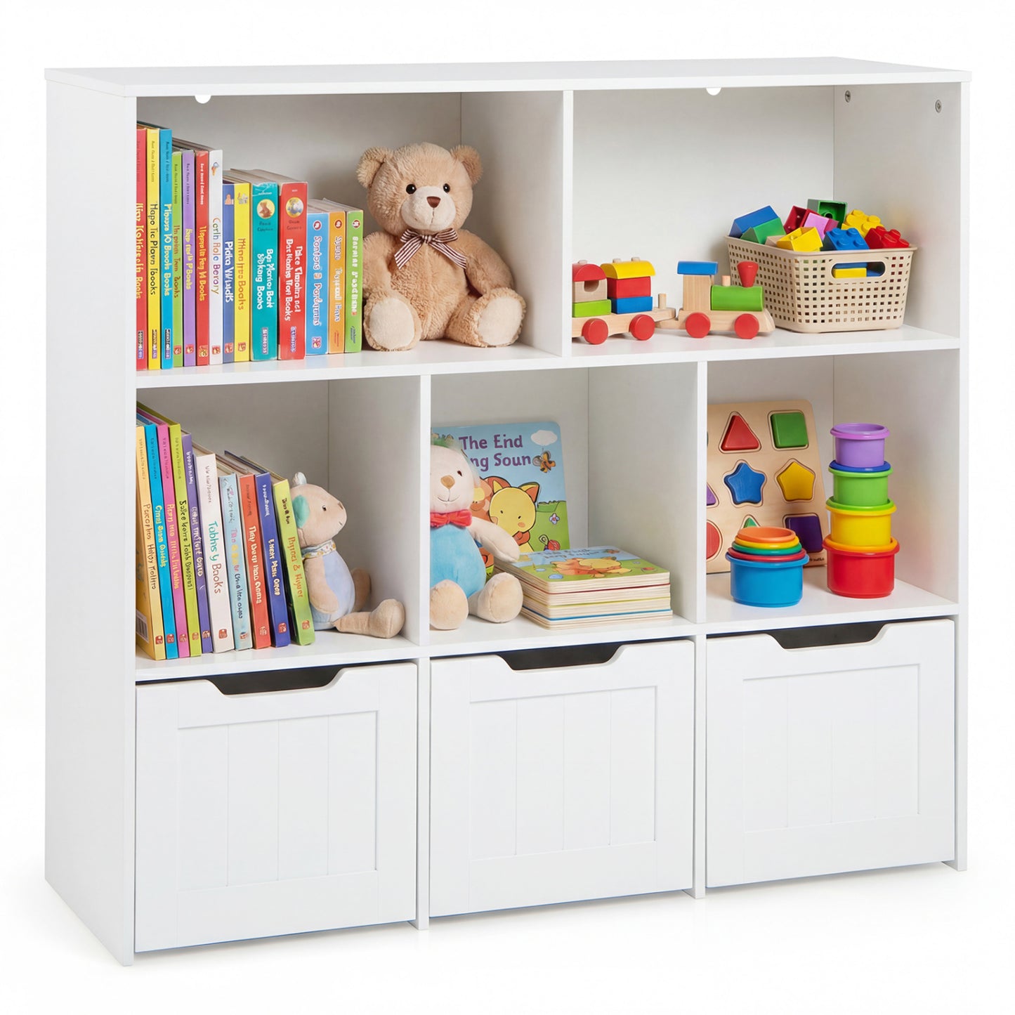 Toy Storage Organizer, 3 Drawers, 5 Cubbies, White