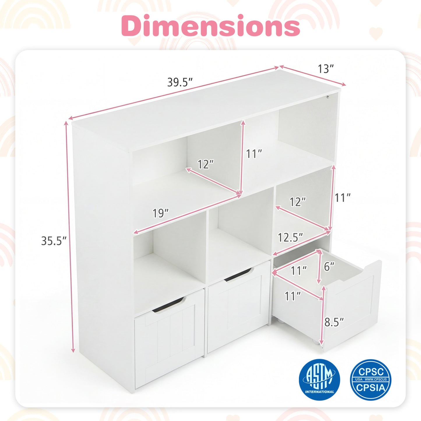 Toy Storage Organizer, 3 Drawers, 5 Cubbies, White