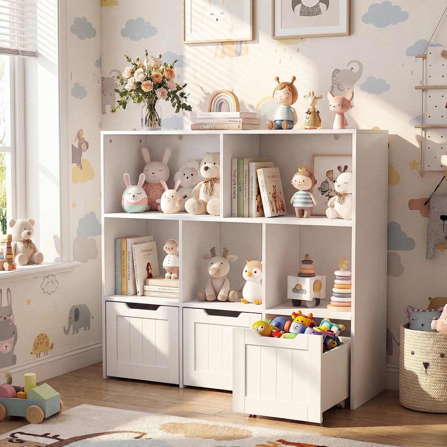 Toy Storage Organizer, 3 Drawers, 5 Cubbies, White