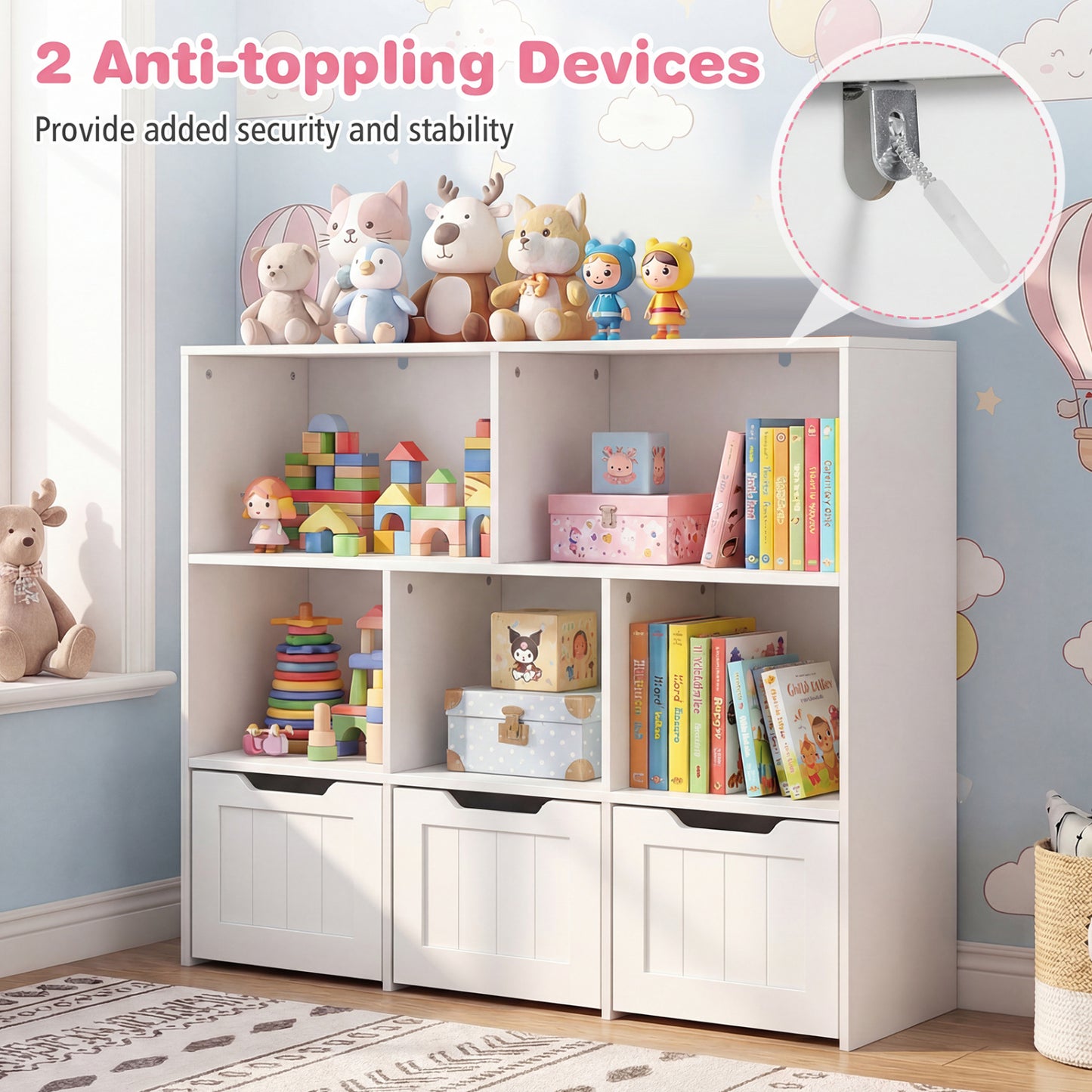 Toy Storage Organizer, 3 Drawers, 5 Cubbies, White