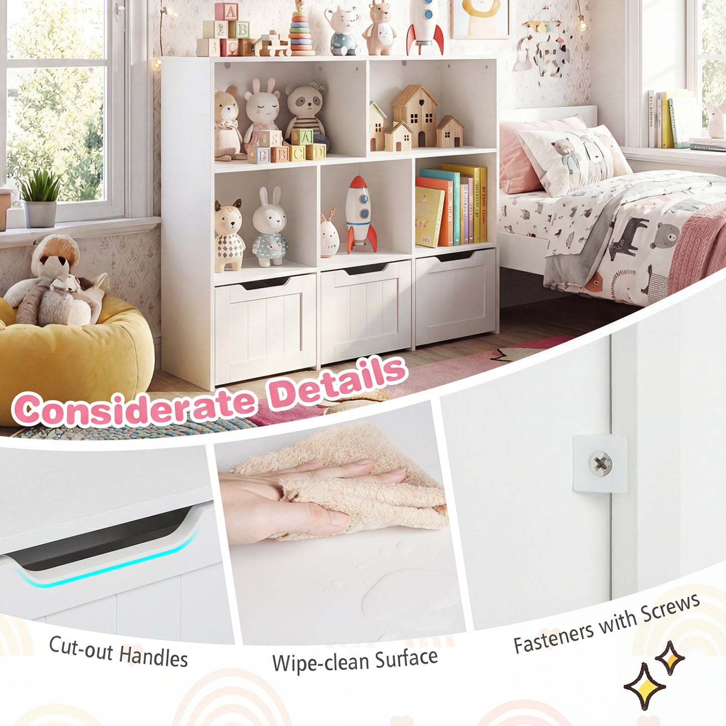 Toy Storage Organizer, 3 Drawers, 5 Cubbies, White