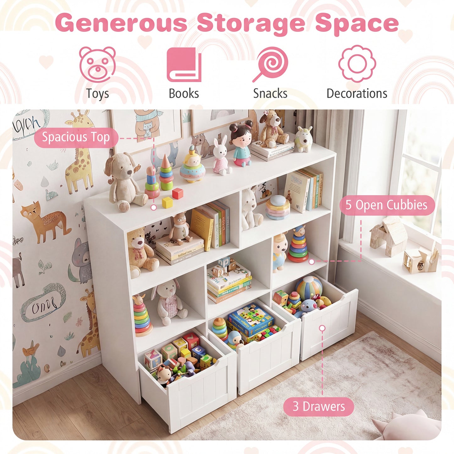 Toy Storage Organizer, 3 Drawers, 5 Cubbies, White