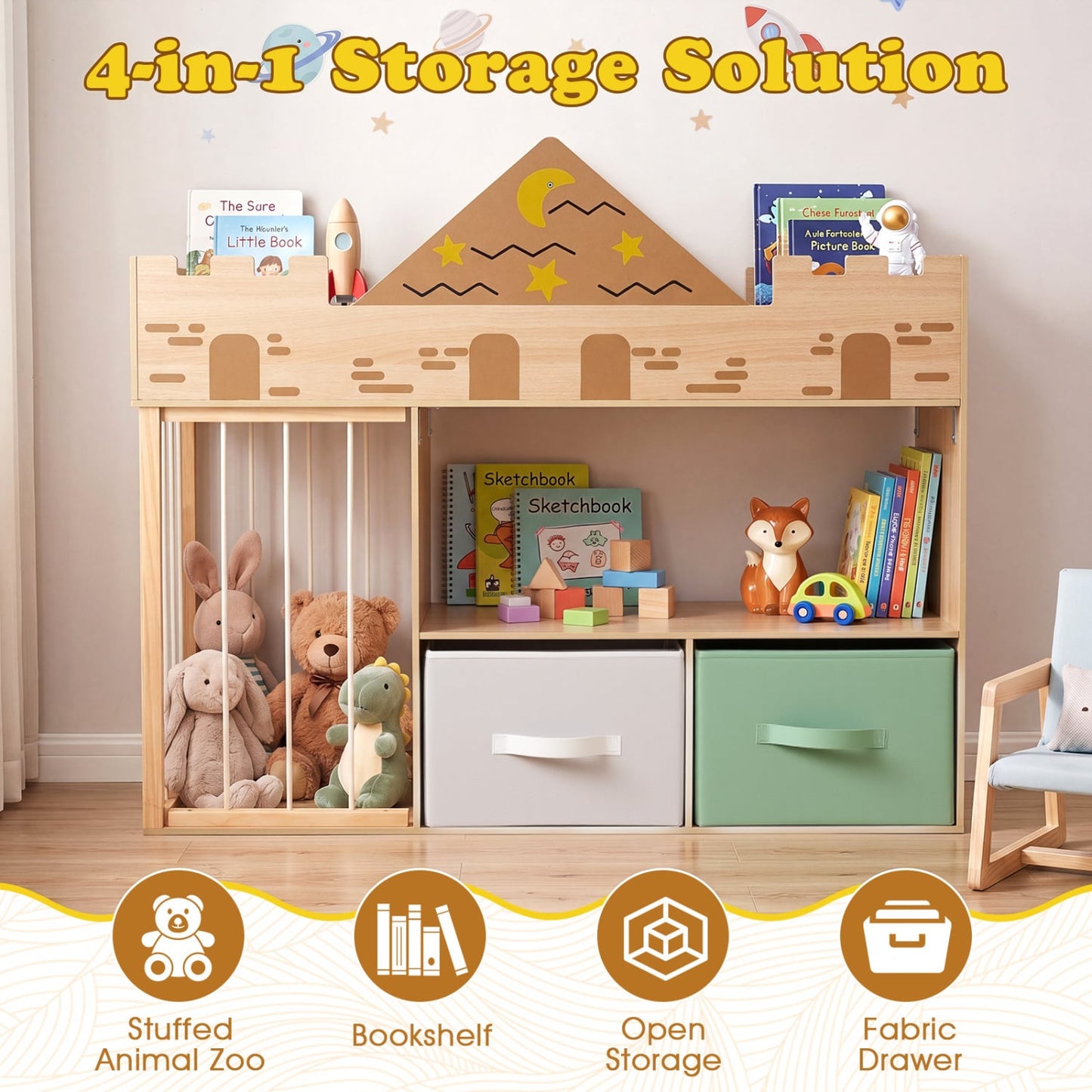 Organisateur de rangement pour jouets avec étagères, naturel