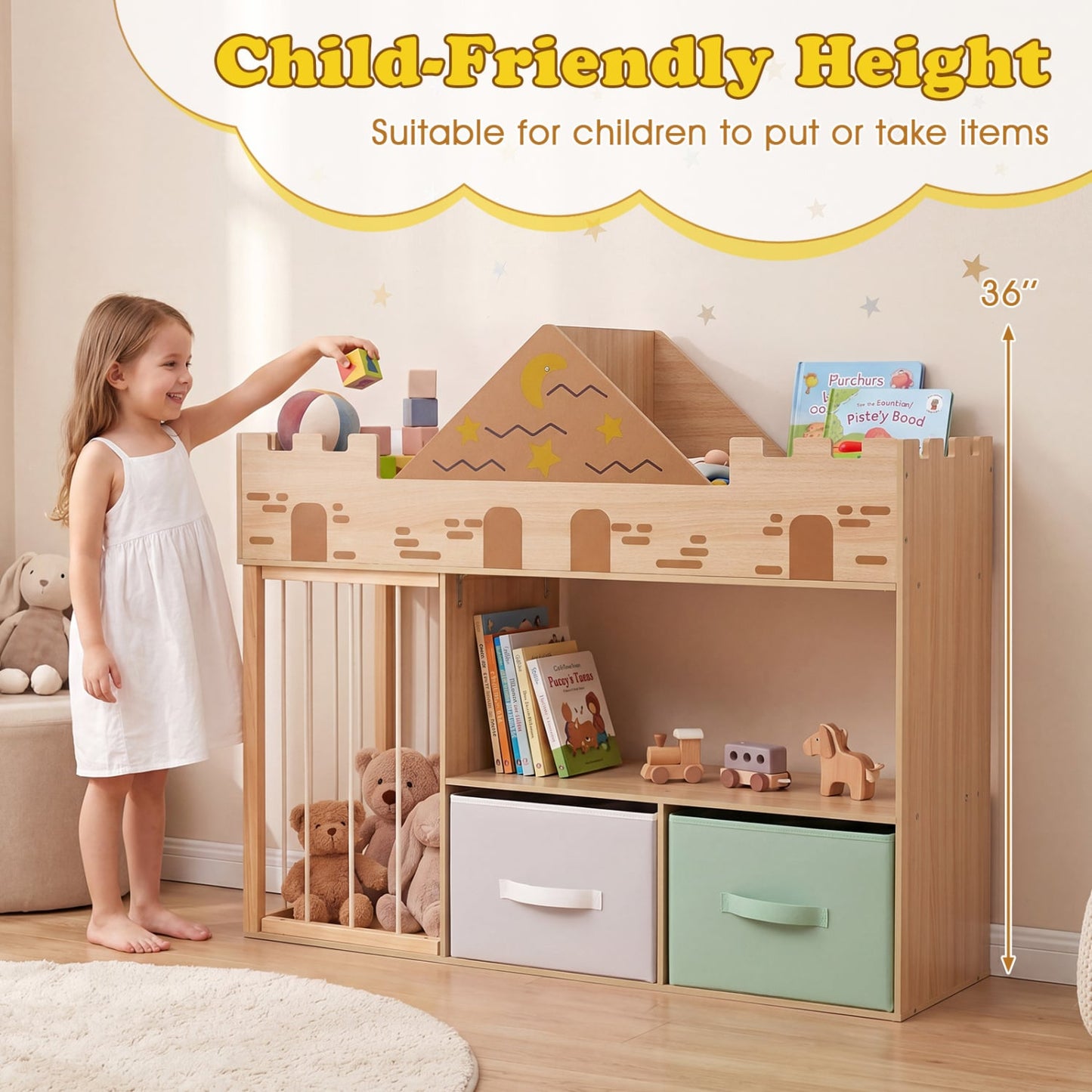 Organisateur de rangement pour jouets avec étagères, naturel
