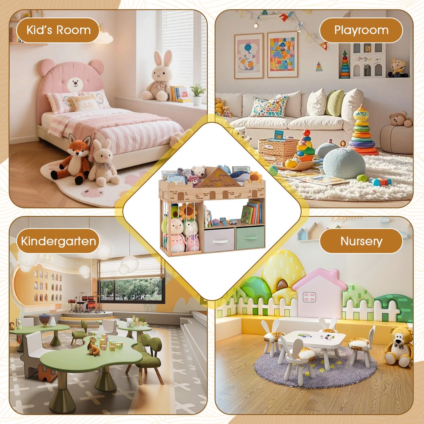 Organisateur de rangement pour jouets avec étagères, naturel