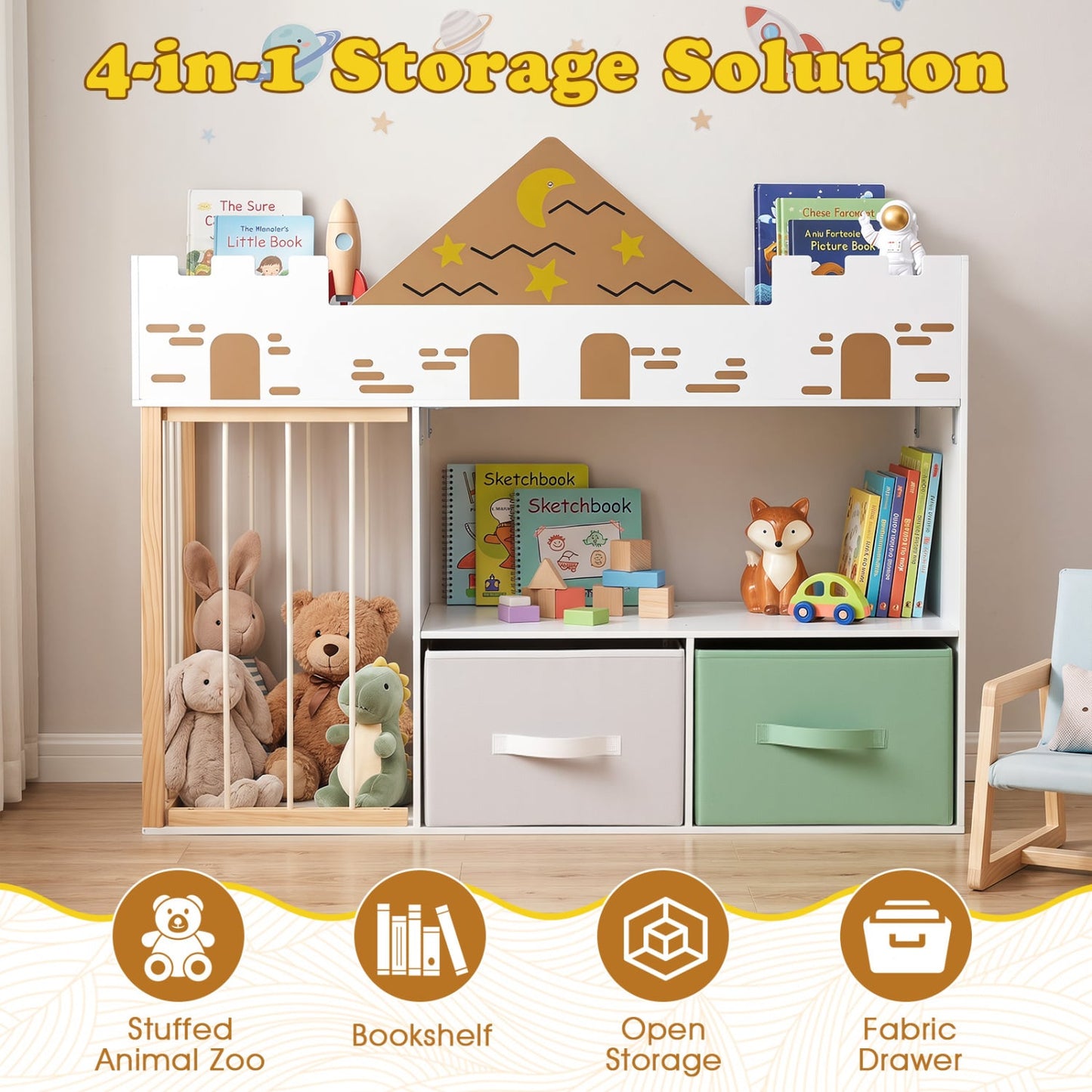 Organisateur de rangement pour jouets avec rangement pour animaux en peluche, blanc