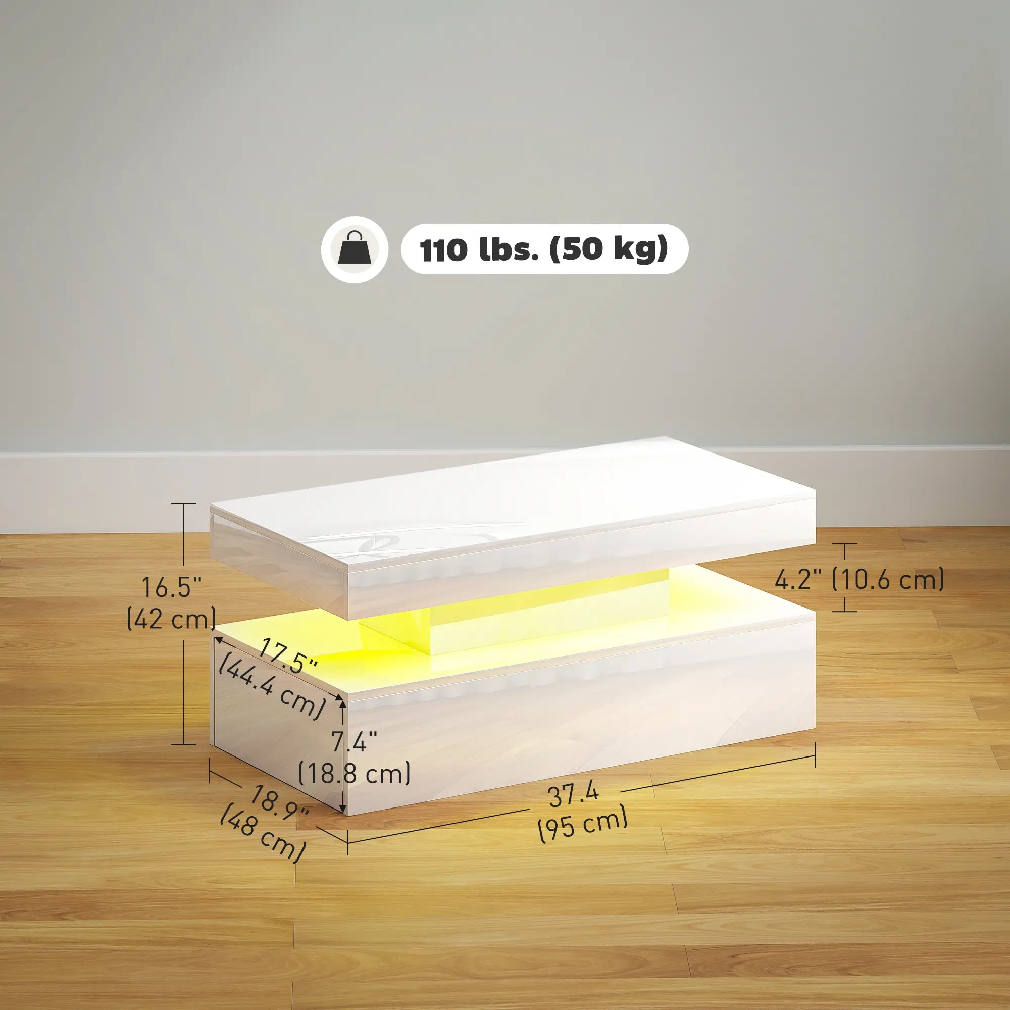 LED Coffee Table, 2 Drawers, Open Shelf, High Gloss White, White Coffee Tables at Gallery Canada