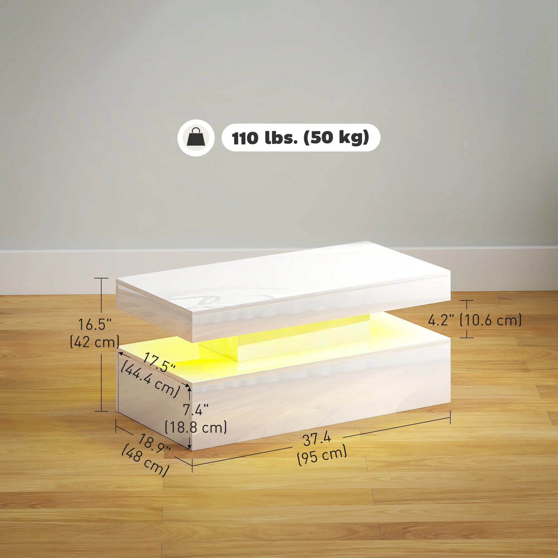 LED Coffee Table, 2 Drawers, Open Shelf, High Gloss White, White Coffee Tables at Gallery Canada