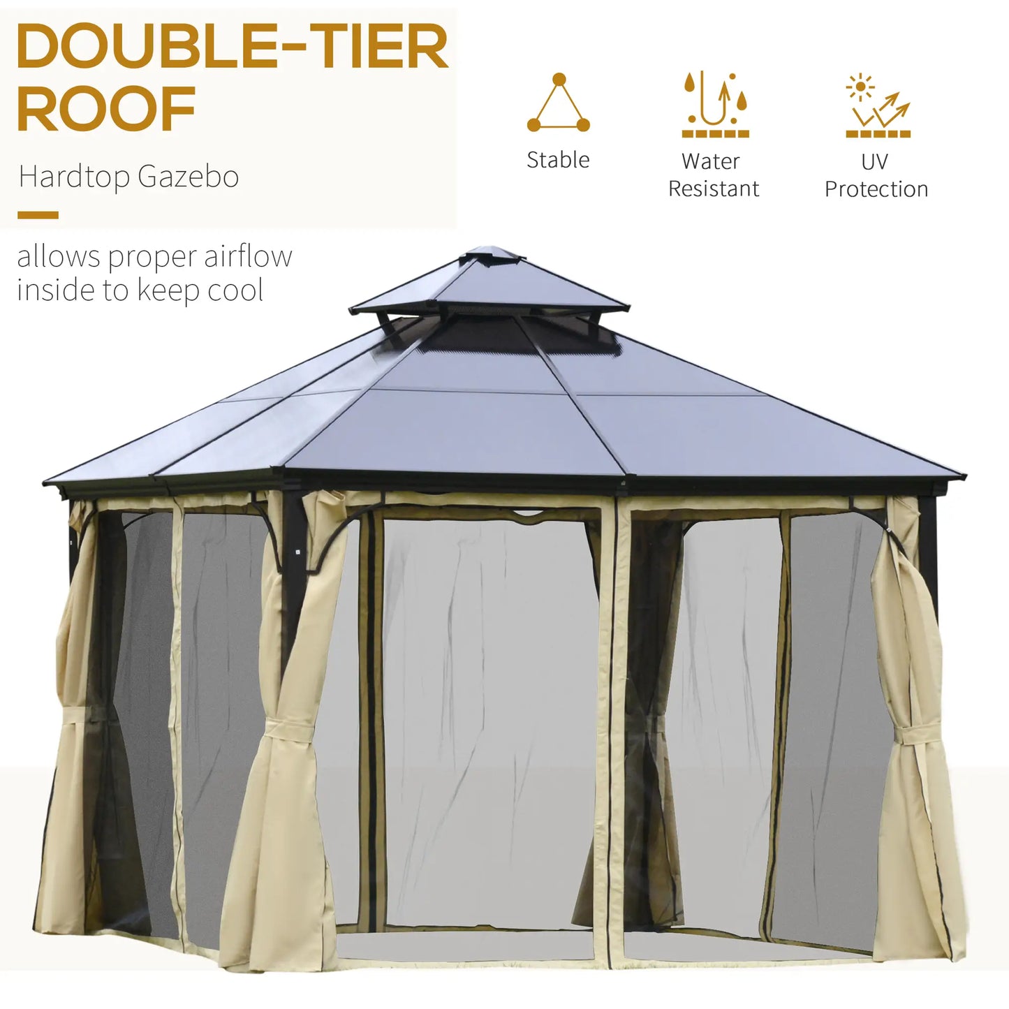 10' x 10' 2-Tier Outdoor Gazebo, Polycarbonate Roof, Beige Gazebos at Gallery Canada
