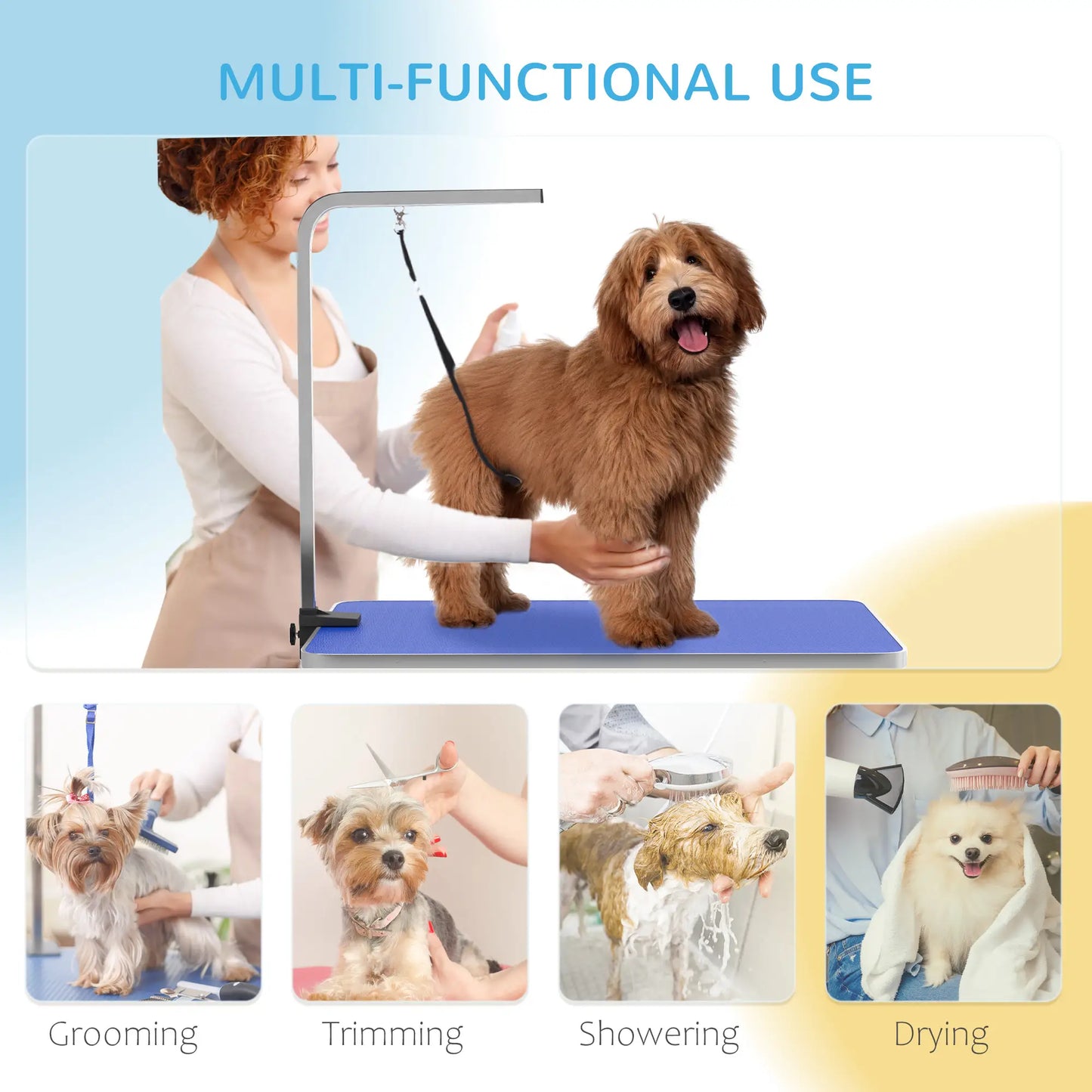 Dog Grooming Table, Adjustable Arm, Mesh Tray, 35" x 24" x 61", Blue Dog Grooming Tables at Gallery Canada