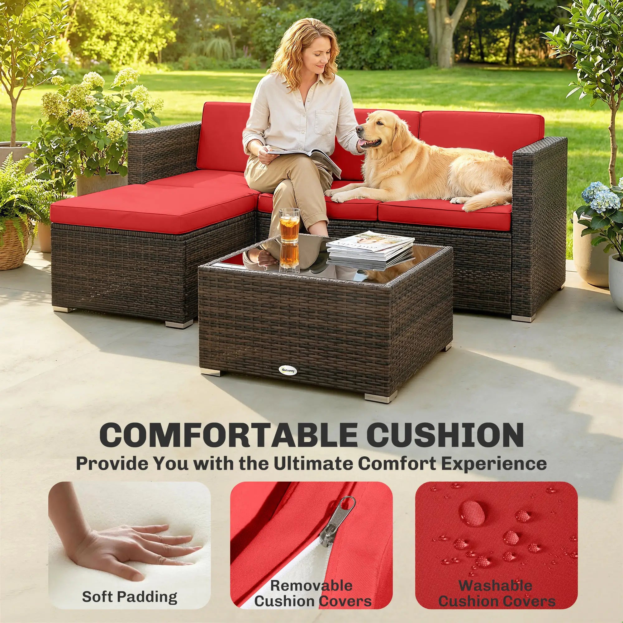 3-Piece Patio Furniture Set, Outdoor PE Rattan Wicker Sofa, Glass Top Table Patio Furniture Sets at Gallery Canada
