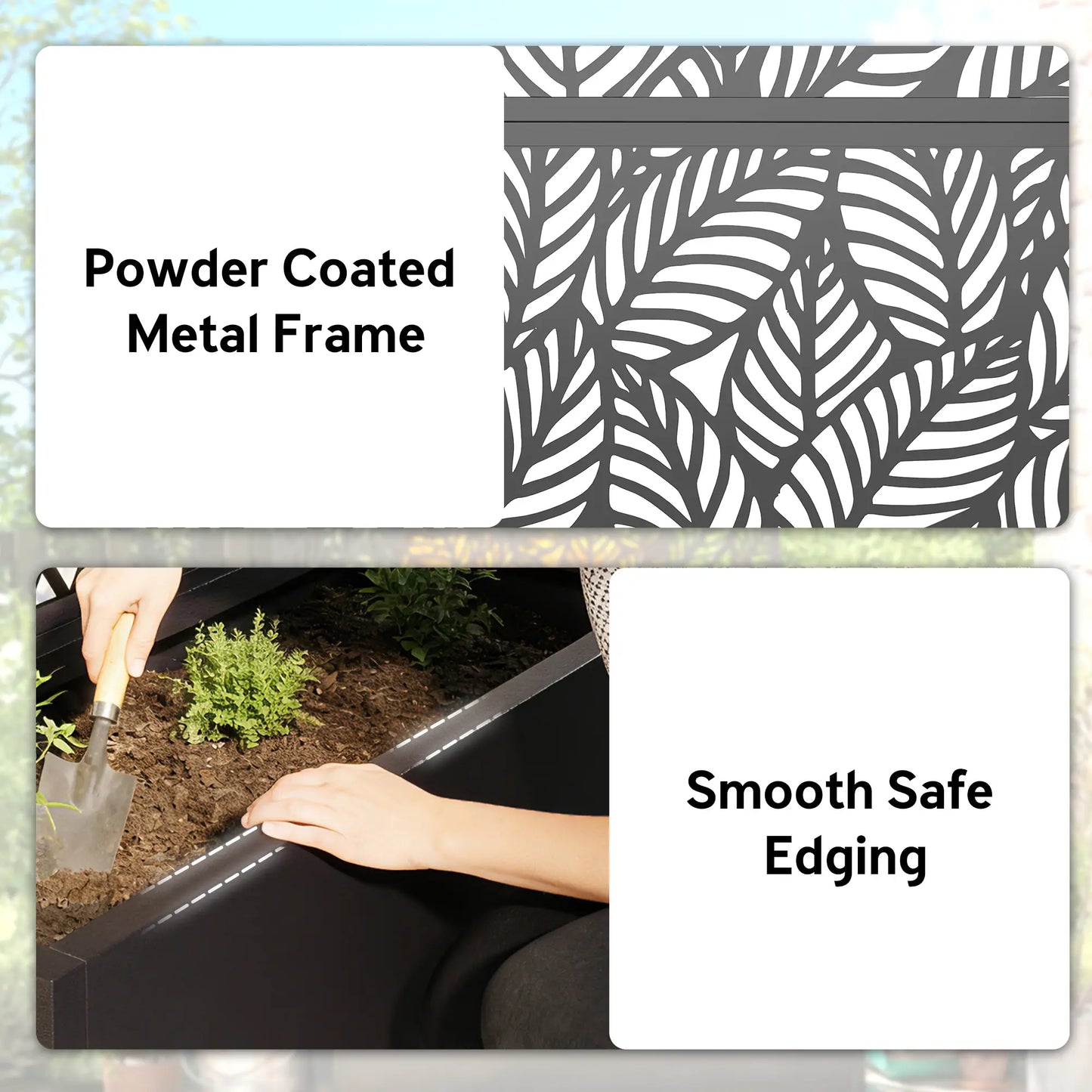 70" Metal Planter Box With Trellis, Raised Garden Bed, Leaves Cut-Out Galvanized Planter Boxes at Gallery Canada
