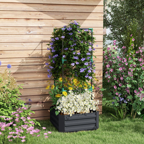 Galvanized Planter Box, Raised Garden Bed with Trellis, Grey