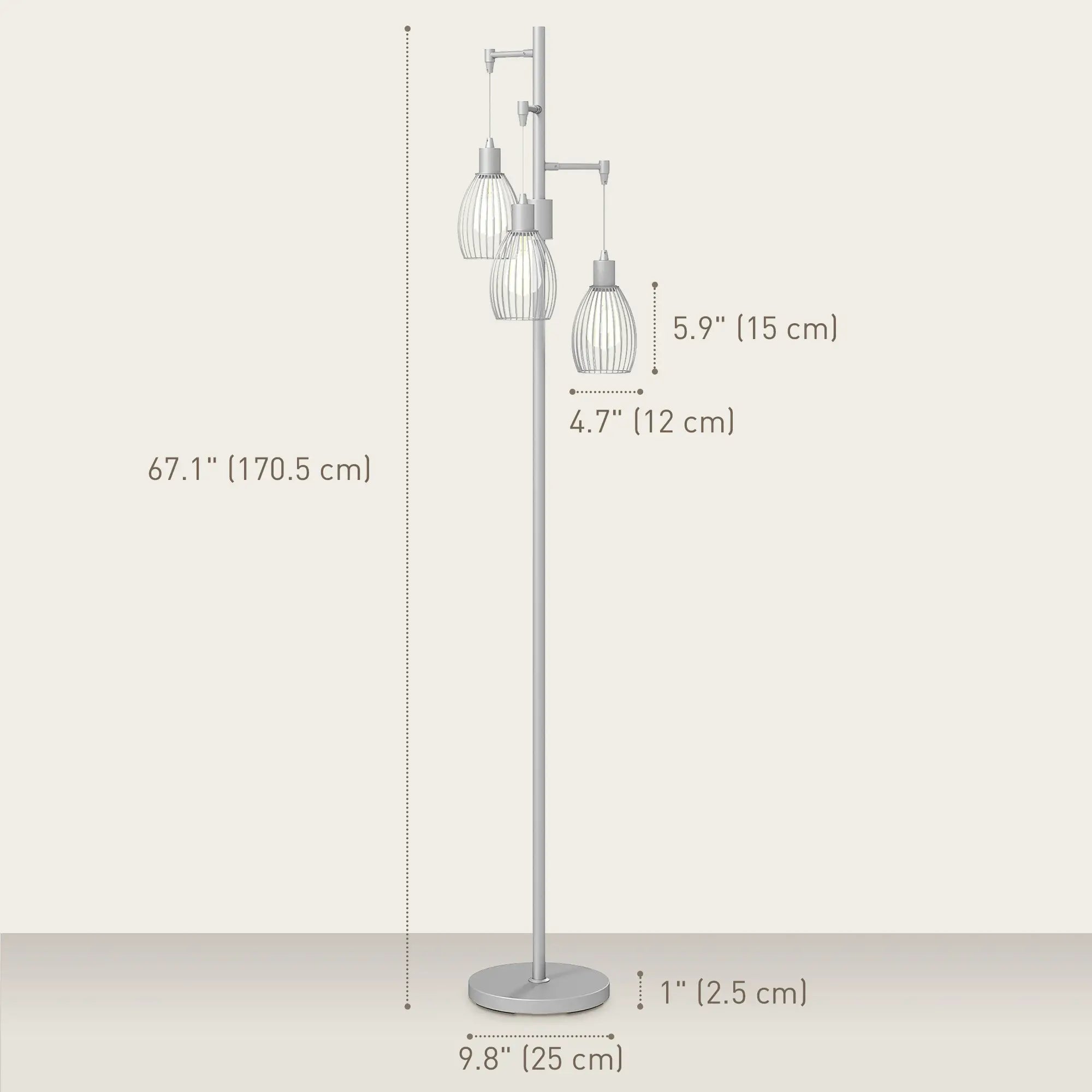 Industrial Floor Lamp, 3 Hanging Wire Lampshades, Dimmable, Silver Floor Lamps & Ceiling Fan Lights at Gallery Canada