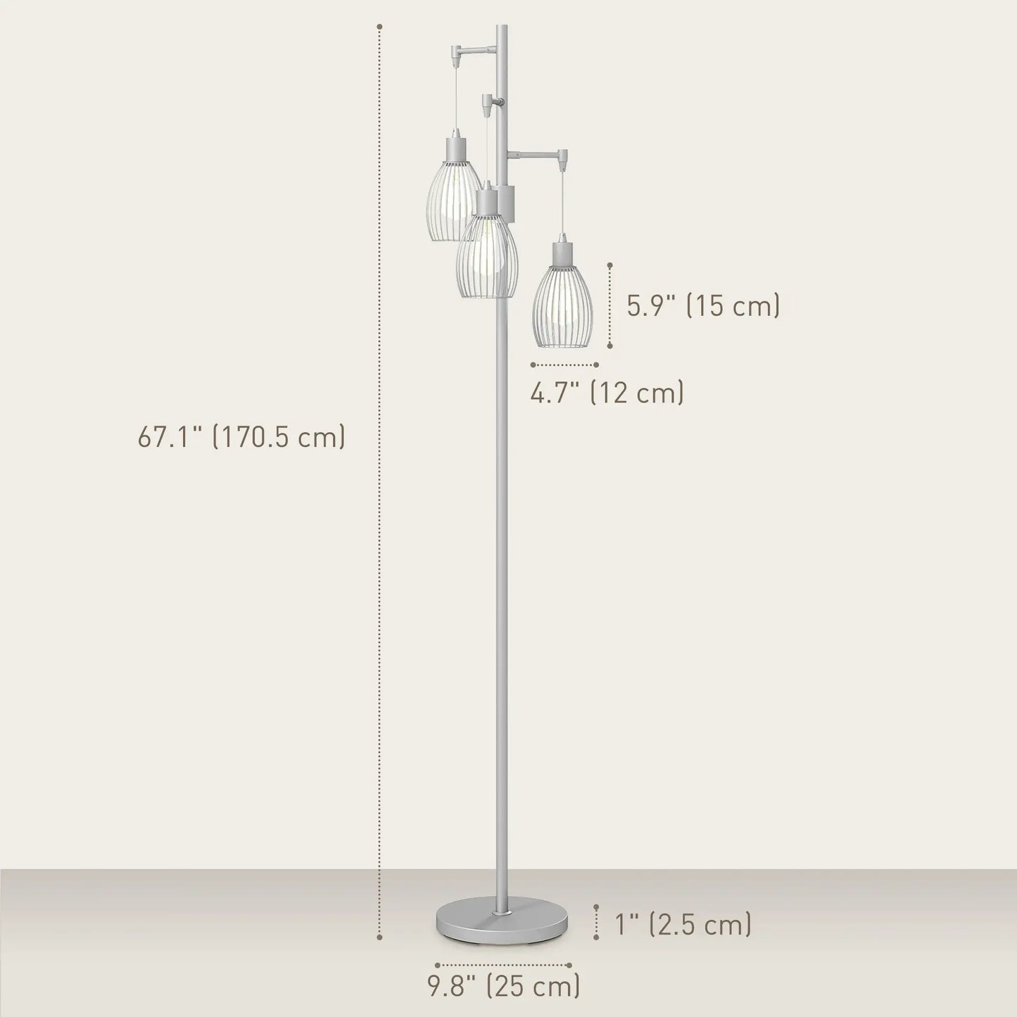 Industrial Floor Lamp, 3 Hanging Wire Lampshades, Dimmable, Silver Floor Lamps & Ceiling Fan Lights at Gallery Canada