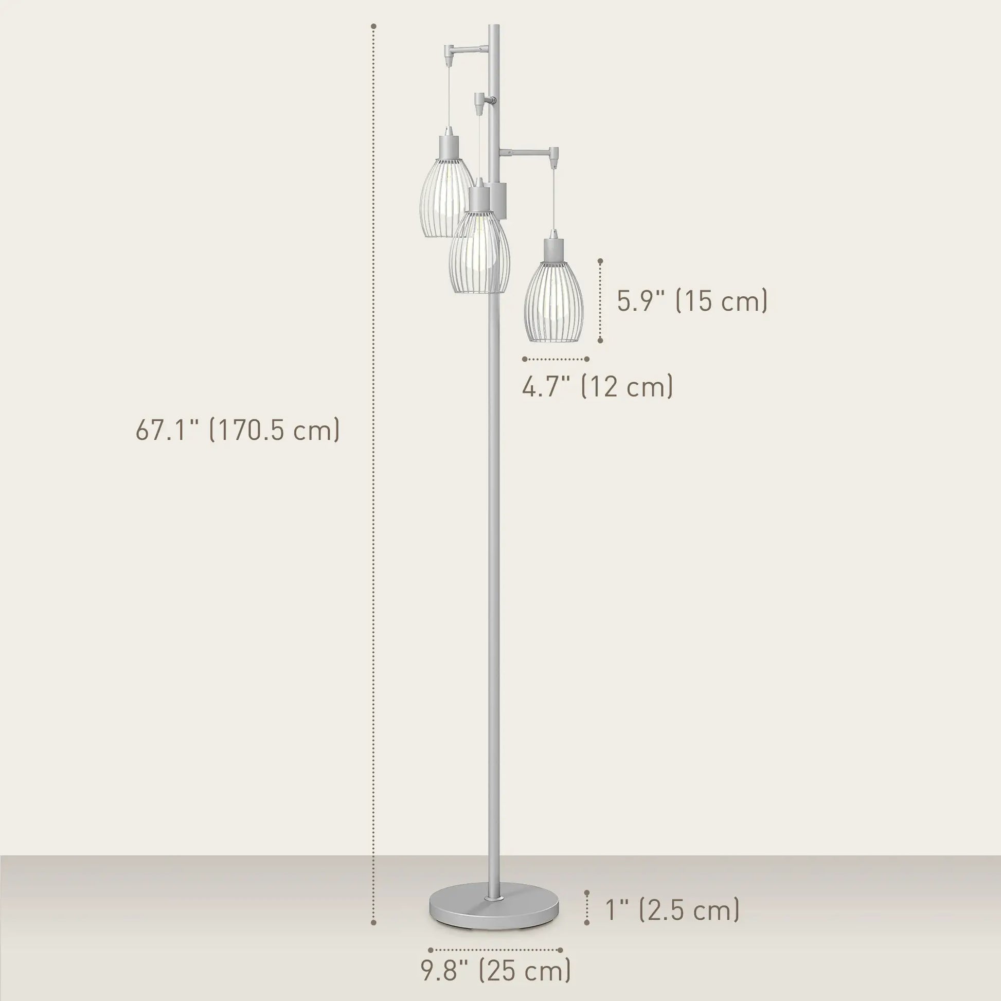 Industrial Floor Lamp, 3 Hanging Wire Lampshades, Dimmable, Silver Floor Lamps & Ceiling Fan Lights at Gallery Canada