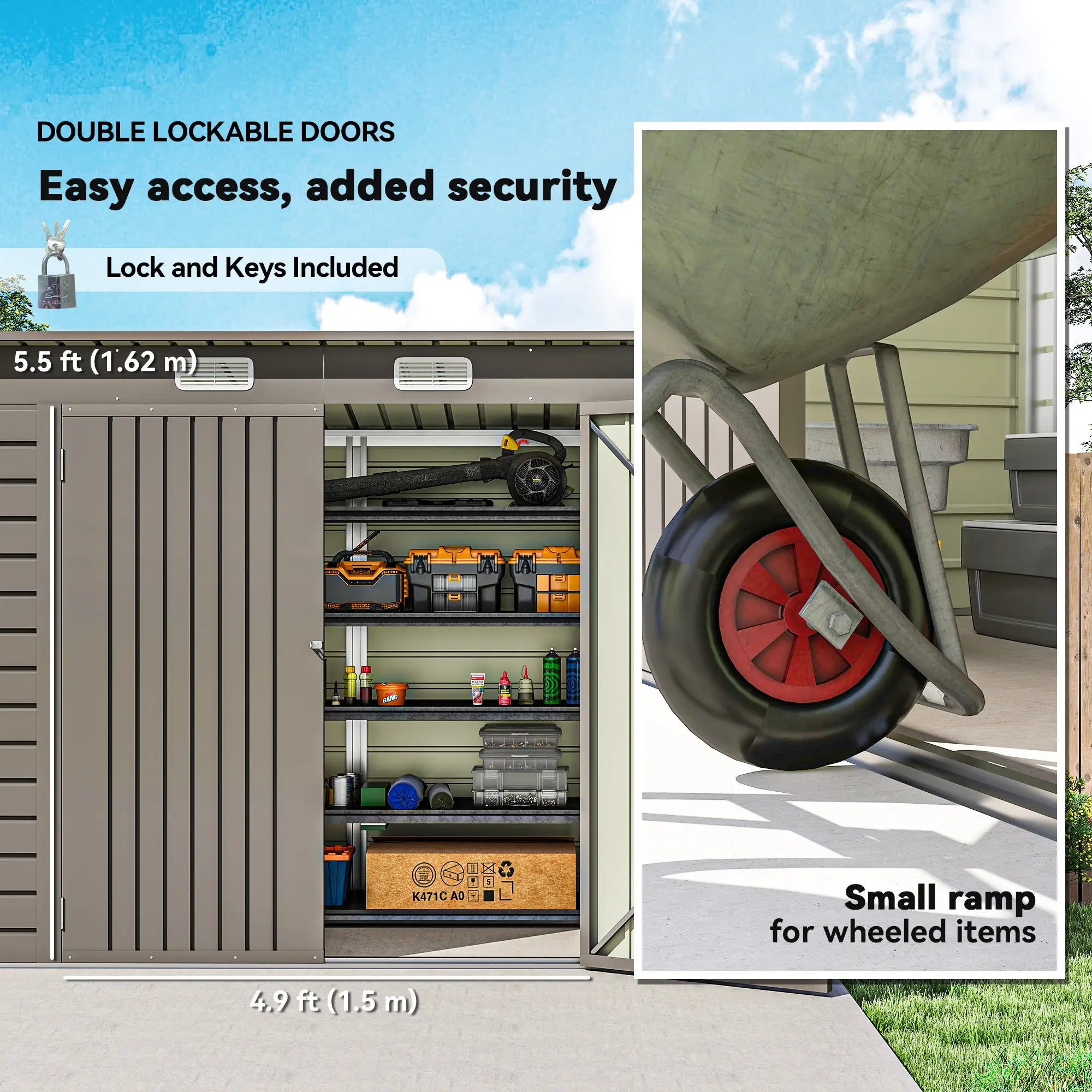 8 x 4FT Galvanized Metal Garden Shed, Double Doors, 2 Vents, Light Grey Sheds at Gallery Canada