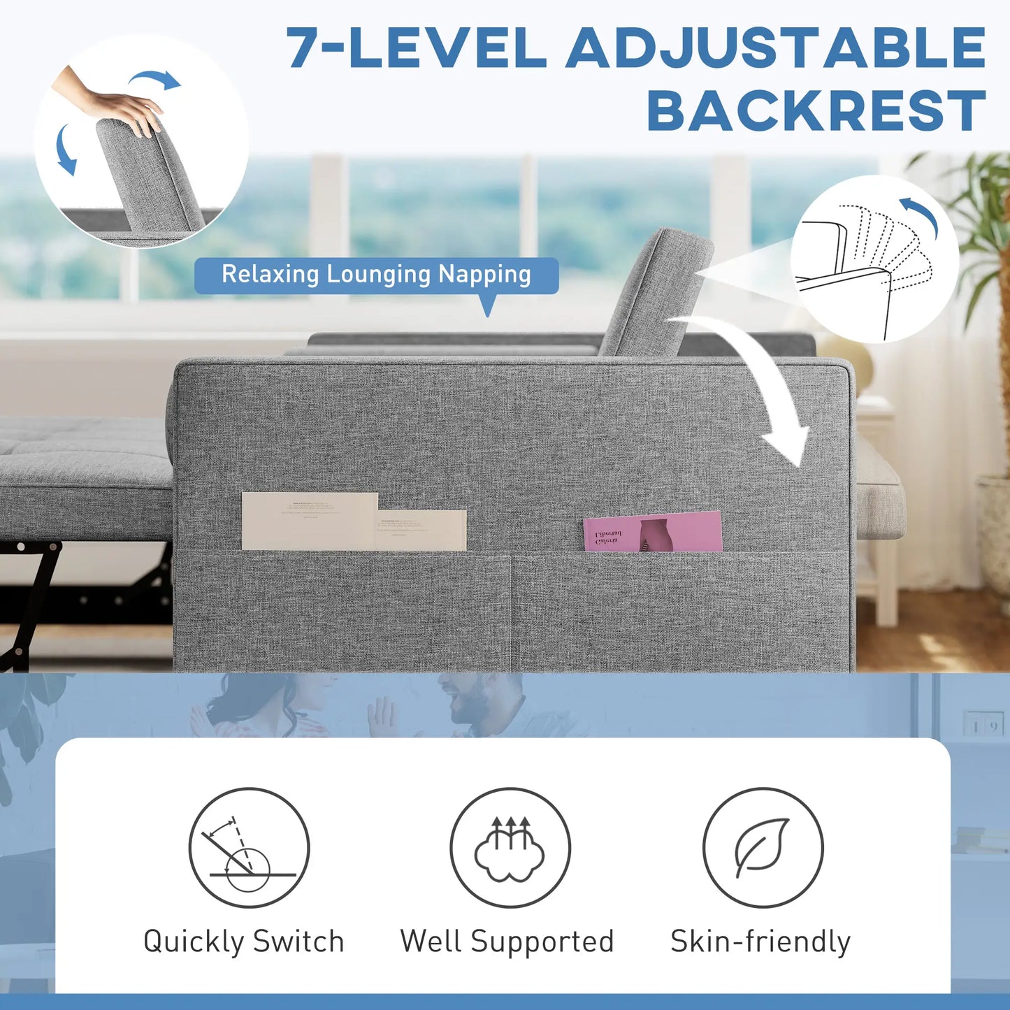 Pull Out Sofa Bed, Sleeper Couch with USB, Small Linen Loveseat, Grey 2-Seater Sofas at Gallery Canada