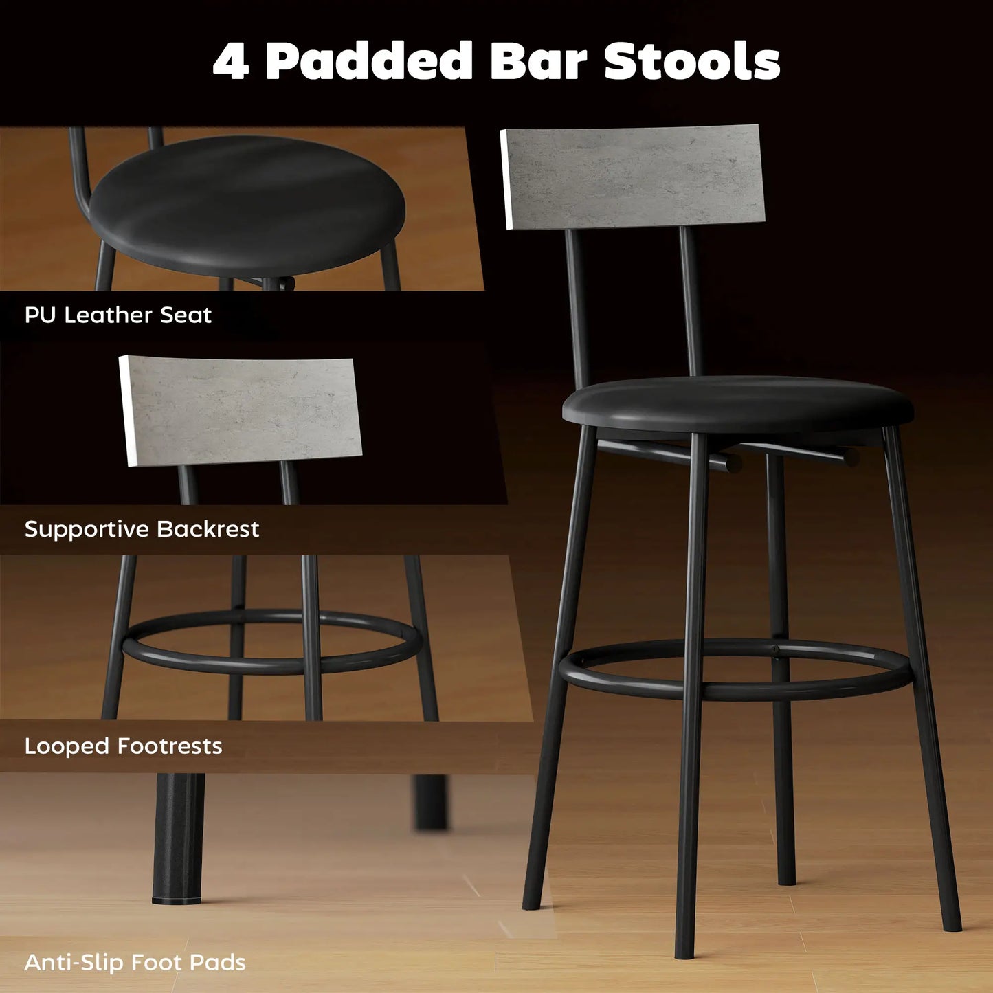5-Piece Industrial Bar Table Set, 4 Stools with Footrest, Cement Grey Bar Sets at Gallery Canada
