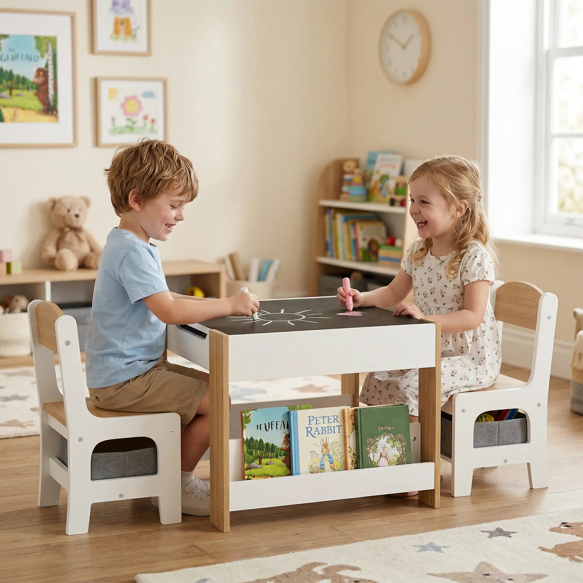 3 Piece Kids Table and Chair Set, Reversible Tabletop, Blackboard, Storage, Bookshelf, Natural Kids Table Sets at Gallery Canada
