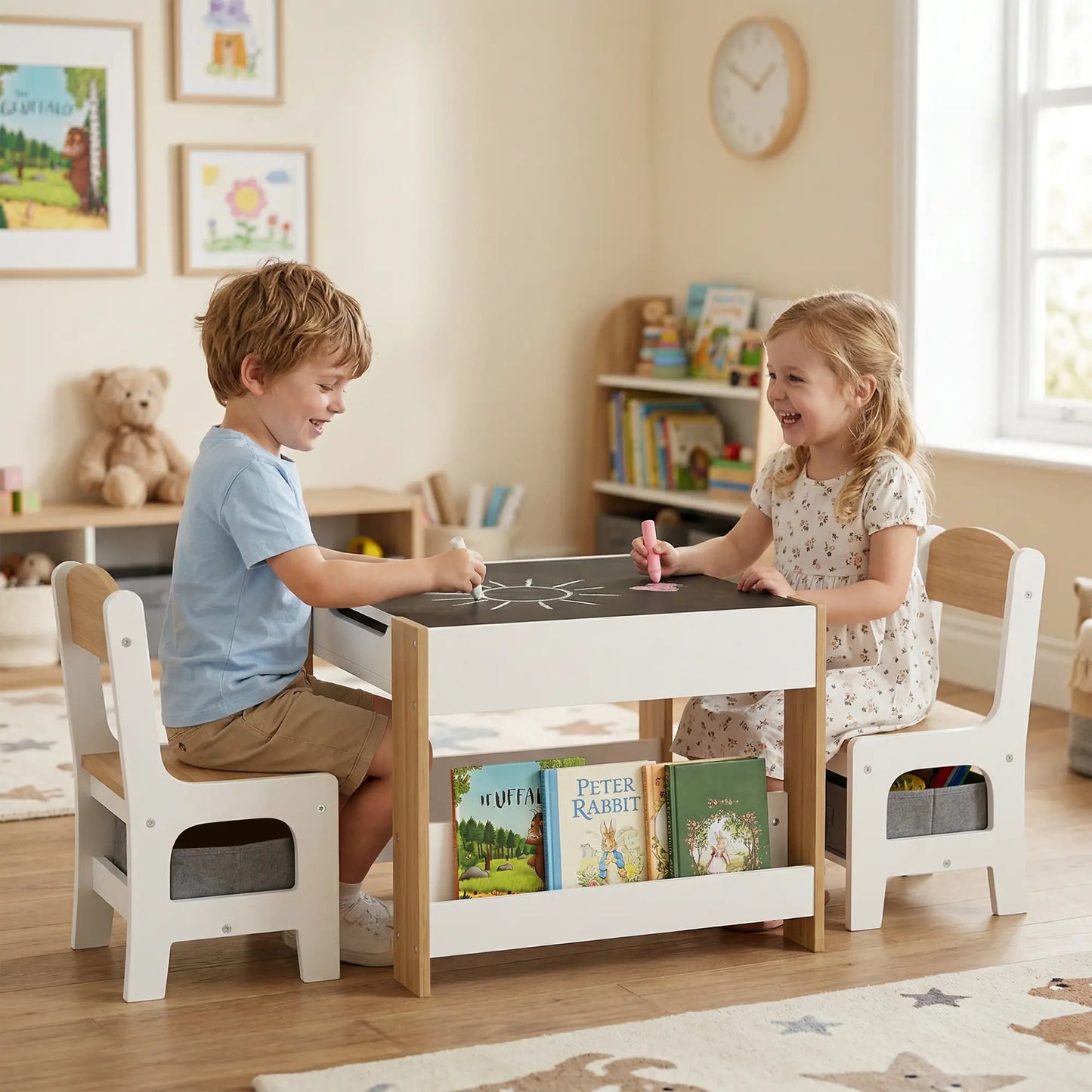 3 Piece Kids Table and Chair Set, Reversible Tabletop, Blackboard, Storage, Bookshelf, Natural Kids Table Sets at Gallery Canada