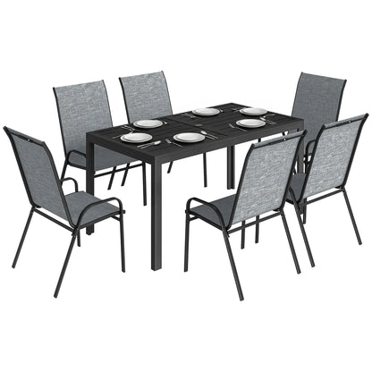 Outdoor Dining Set For 6, Faux Wood Metal Patio Table, Mesh Stackable Chairs, Mixed Grey