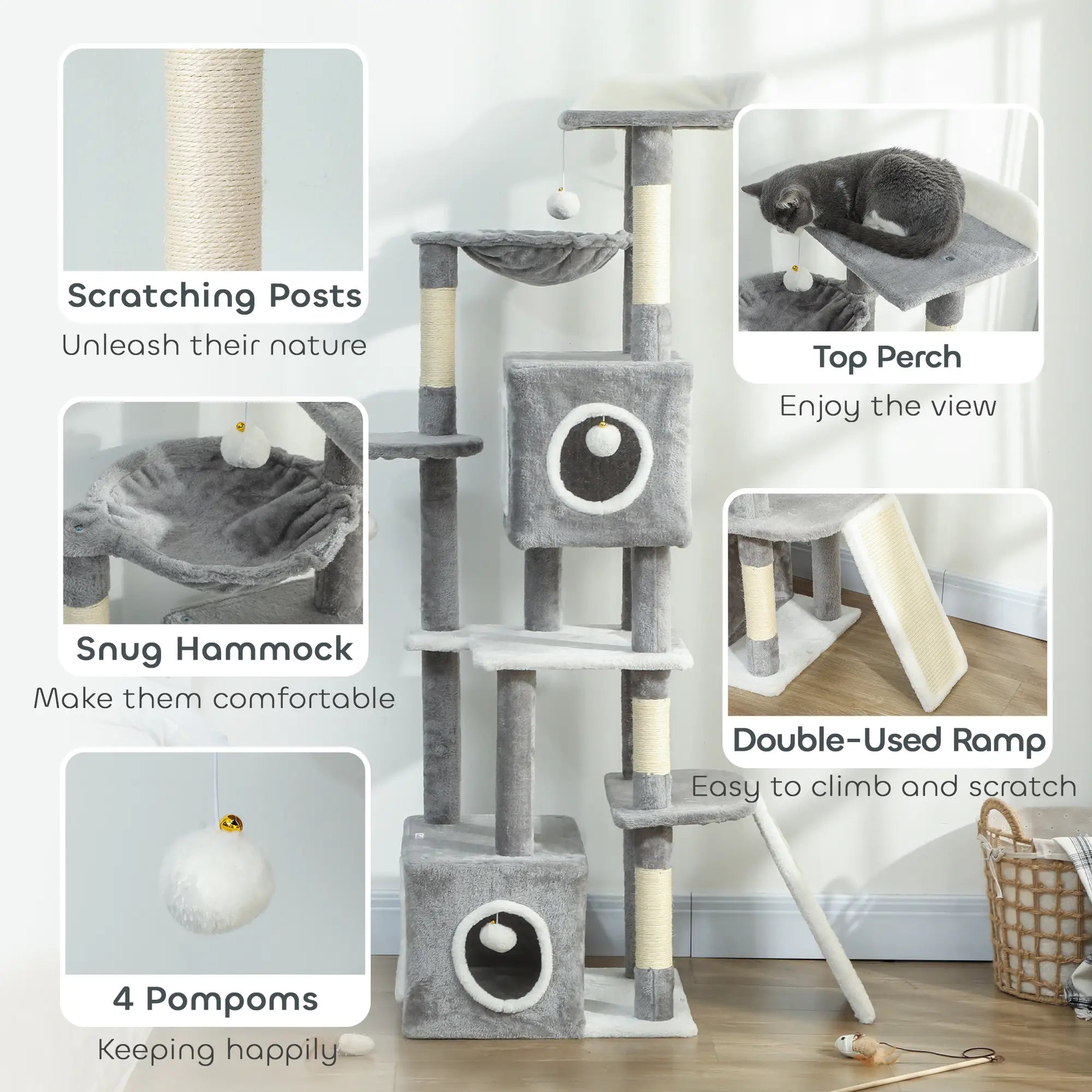 65 Inch Cat Tree, 2 Doors Condos, Plush Perch, Hammock, Grey Cat Towers at Gallery Canada