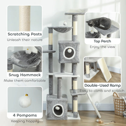 65 Inch Cat Tree, 2 Doors Condos, Plush Perch, Hammock, Grey Cat Towers at Gallery Canada