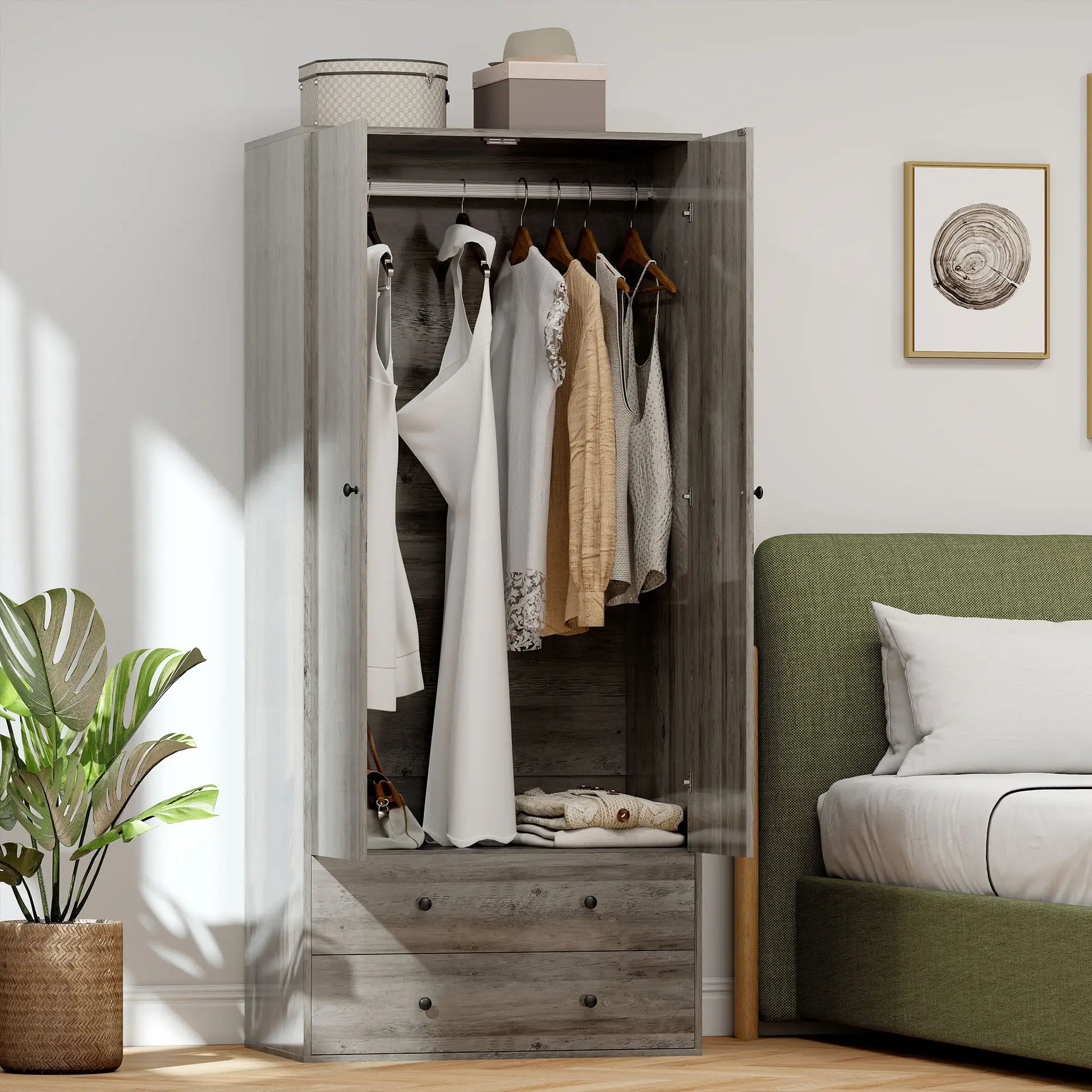 Modern Wardrobe Closet, 2 Drawers, Hanging Rod, Grey Clothing Storage at Gallery Canada