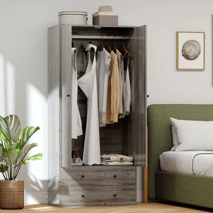 Modern Wardrobe Closet, 2 Drawers, Hanging Rod, Grey Clothing Storage at Gallery Canada