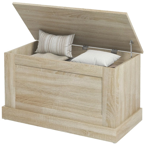 31.5 Inches Storage Chest, Wooden Trunk with Safety Hinge, Natural Wood Grain