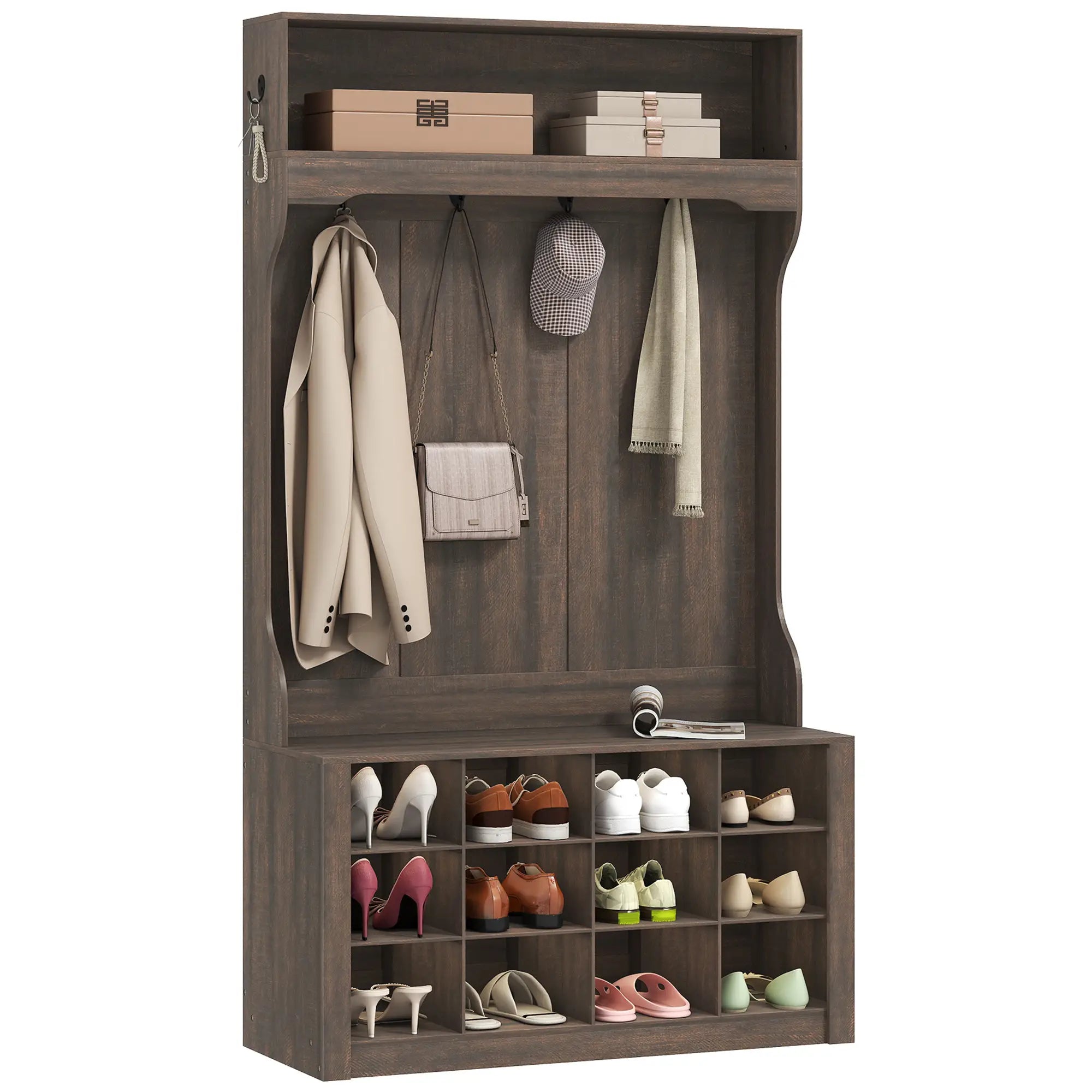 4-In-1 Hall Tree with Bench, Shoe Storage, 12 Cubbies, 6 Hooks, Dark Brown Clothing Storage at Gallery Canada