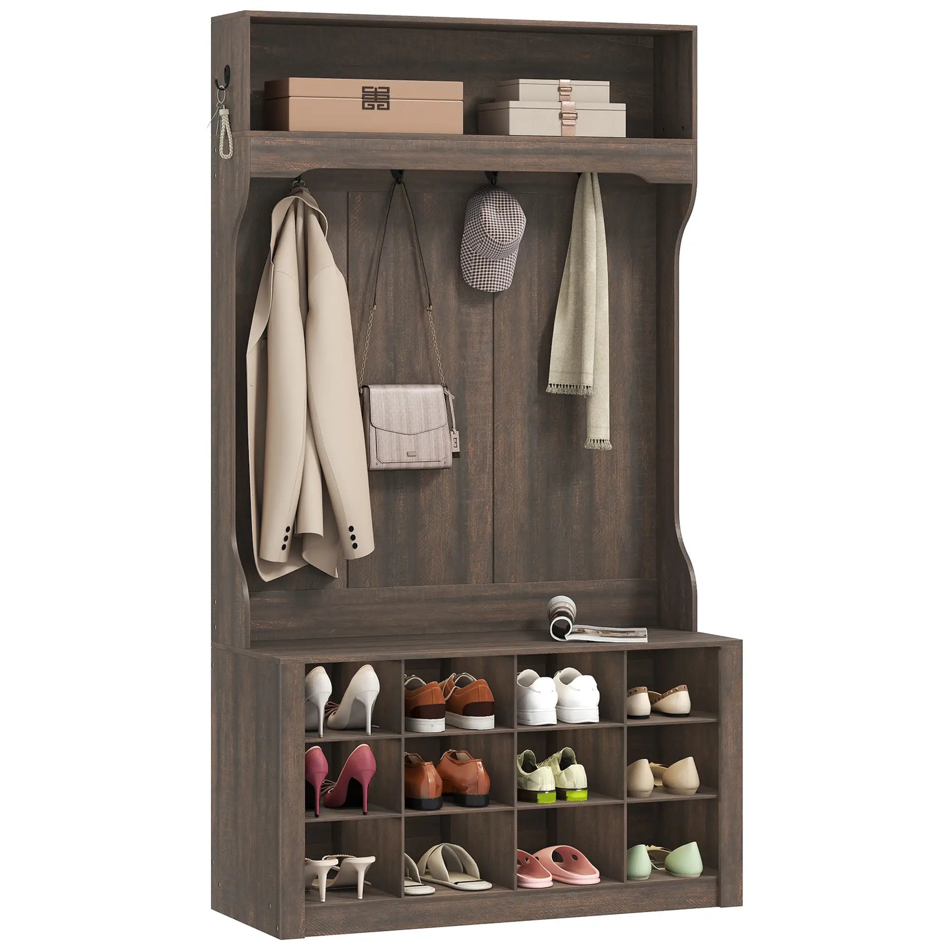 4-In-1 Hall Tree with Bench, Shoe Storage, 12 Cubbies, 6 Hooks, Dark Brown Clothing Storage at Gallery Canada