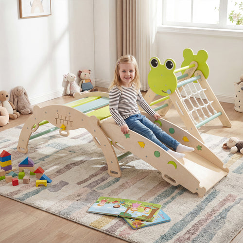 Triangle Climbing Set, Foldable Jungle Gym With Arch Ramp, Green
