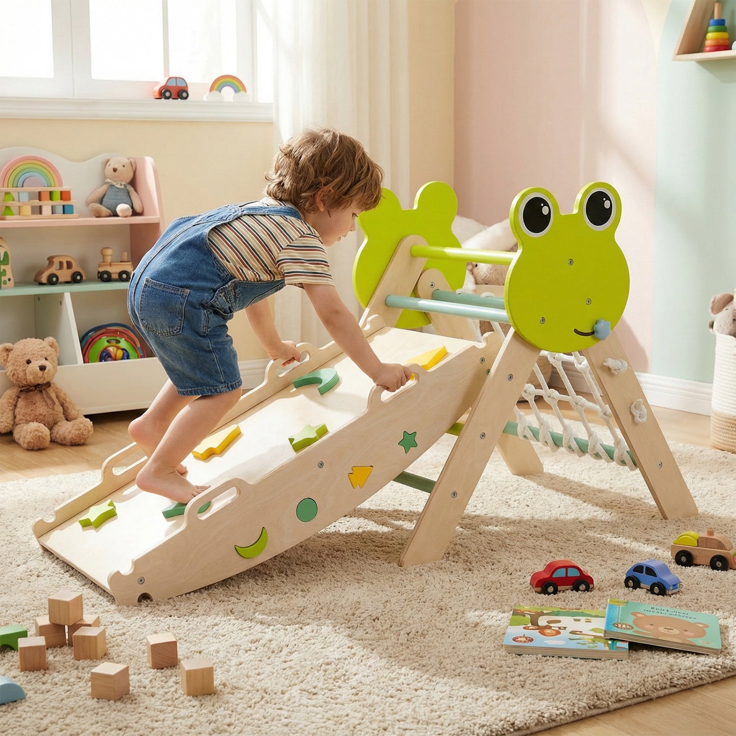 Triangle Climbing Set, Foldable Jungle Gym With Arch Ramp, Green