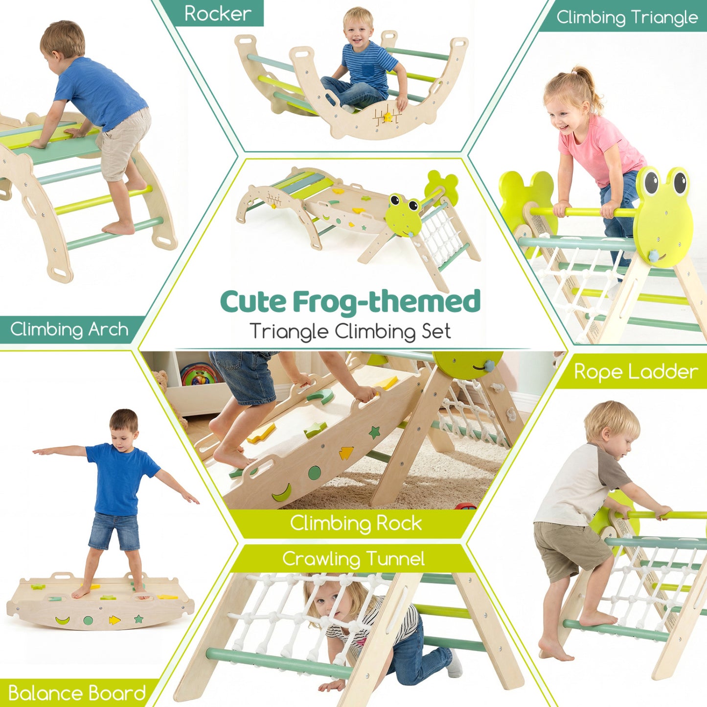 Triangle Climbing Set, Foldable Jungle Gym With Arch Ramp, Green