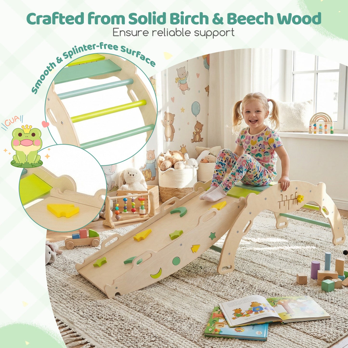 Triangle Climbing Set, Foldable Jungle Gym With Arch Ramp, Green