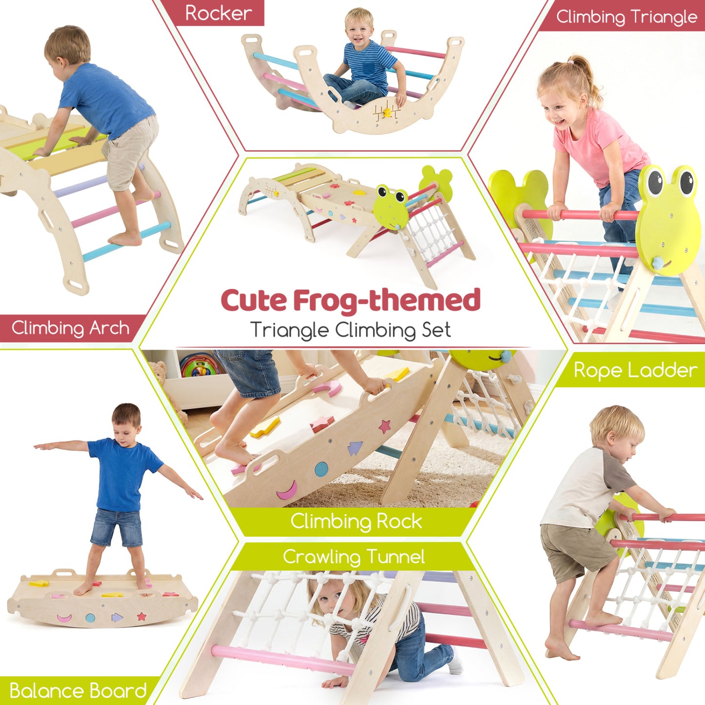 Triangle Climbing Set, Foldable Jungle Gym, Arch Ramp, Climber, Multicolor