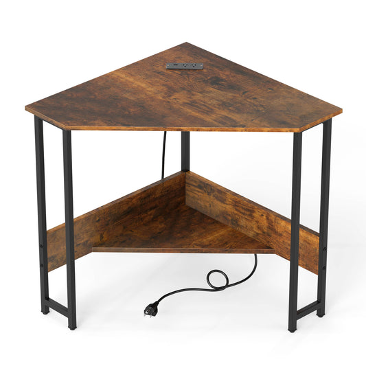 Triangle Computer Corner Desk With Charging Station, Rustic Brown Corner Desks Rustic Brown at Gallery Canada