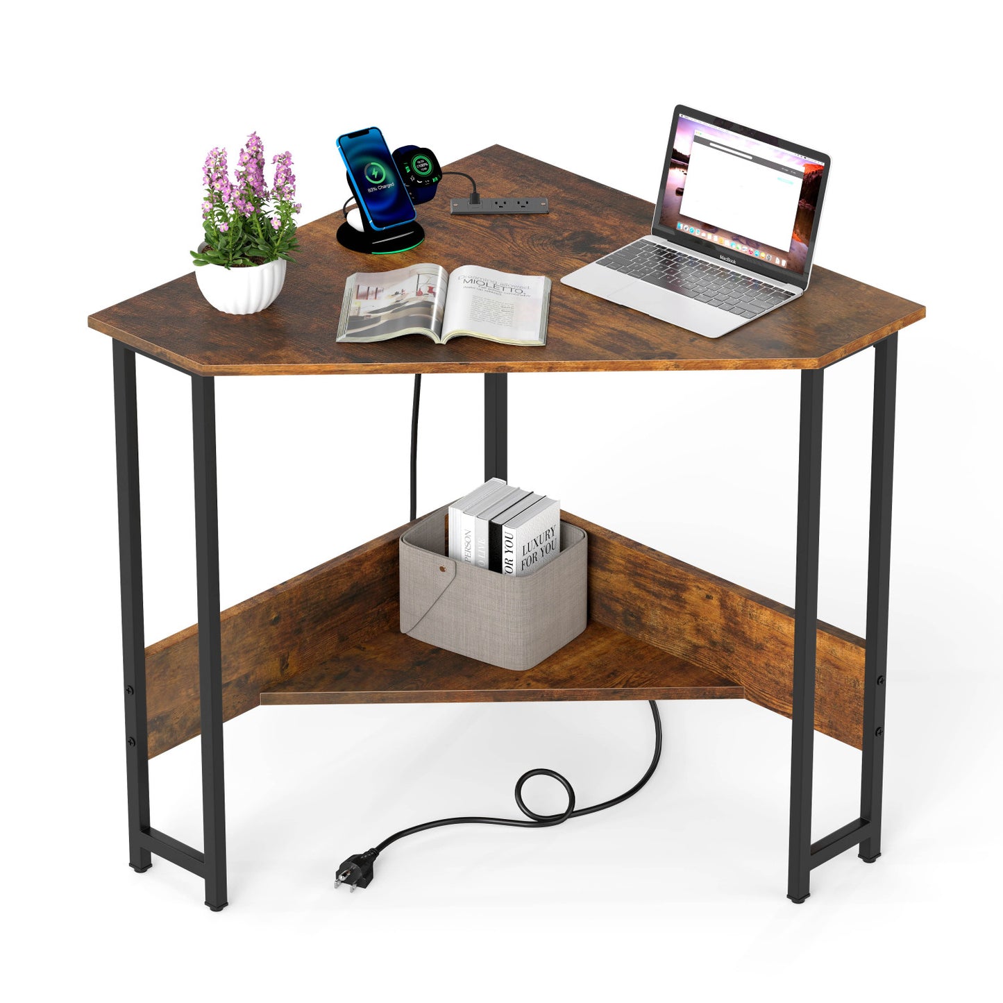 Triangle Computer Corner Desk With Charging Station, Rustic Brown Corner Desks at Gallery Canada