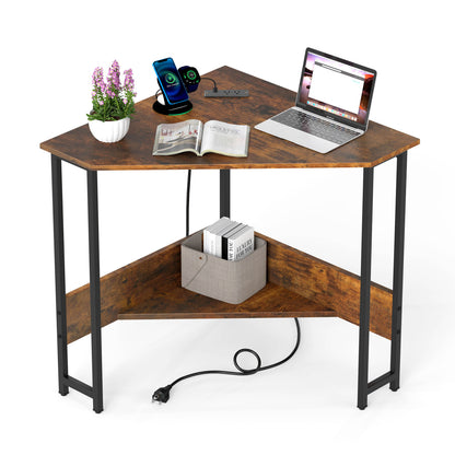 Triangle Computer Corner Desk With Charging Station, Rustic Brown Corner Desks at Gallery Canada
