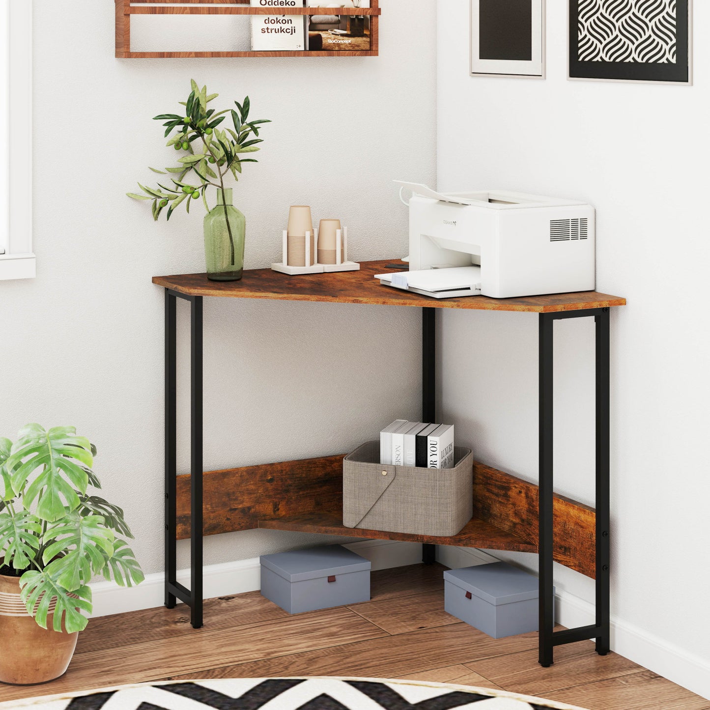 Triangle Computer Corner Desk With Charging Station, Rustic Brown Corner Desks at Gallery Canada