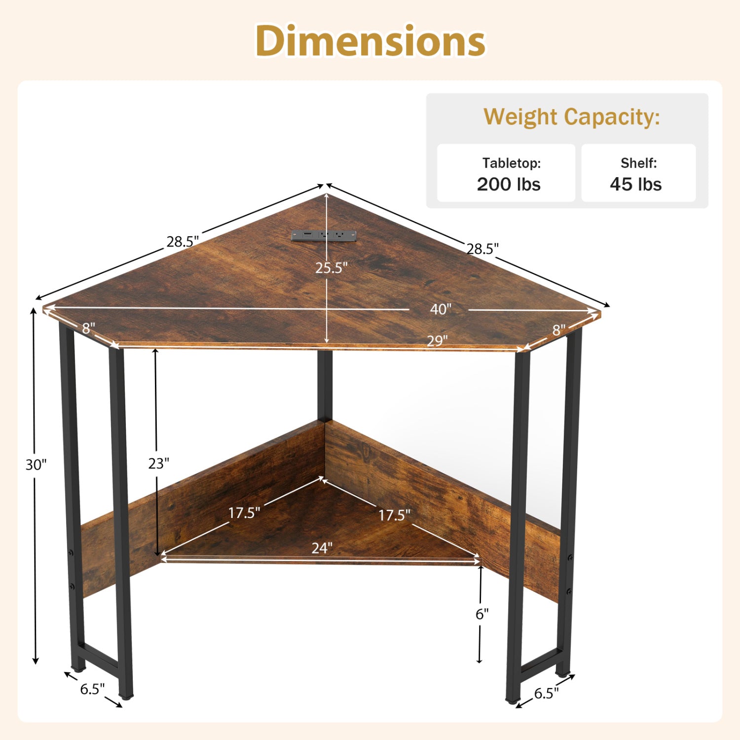 Triangle Computer Corner Desk With Charging Station, Rustic Brown Corner Desks at Gallery Canada