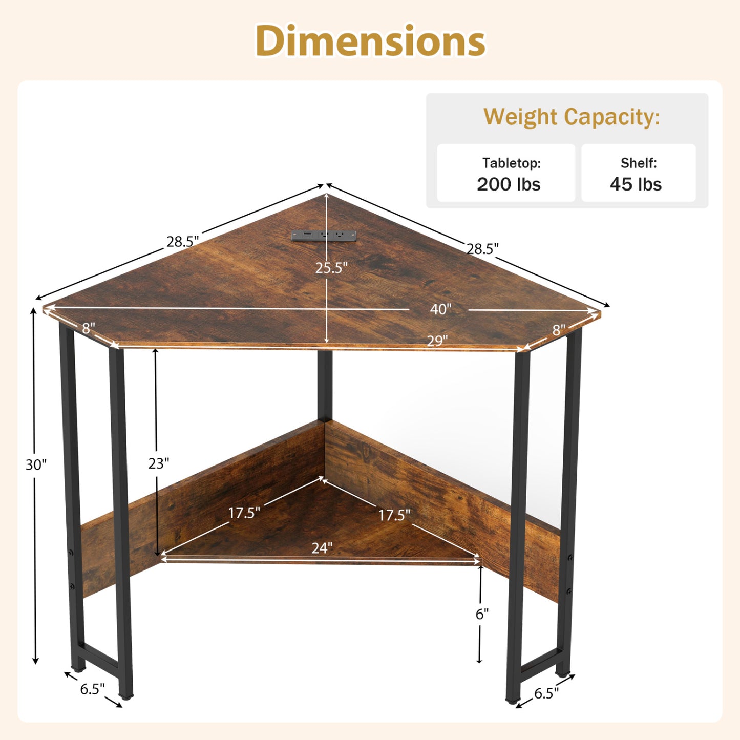 Triangle Computer Corner Desk With Charging Station, Rustic Brown Corner Desks at Gallery Canada