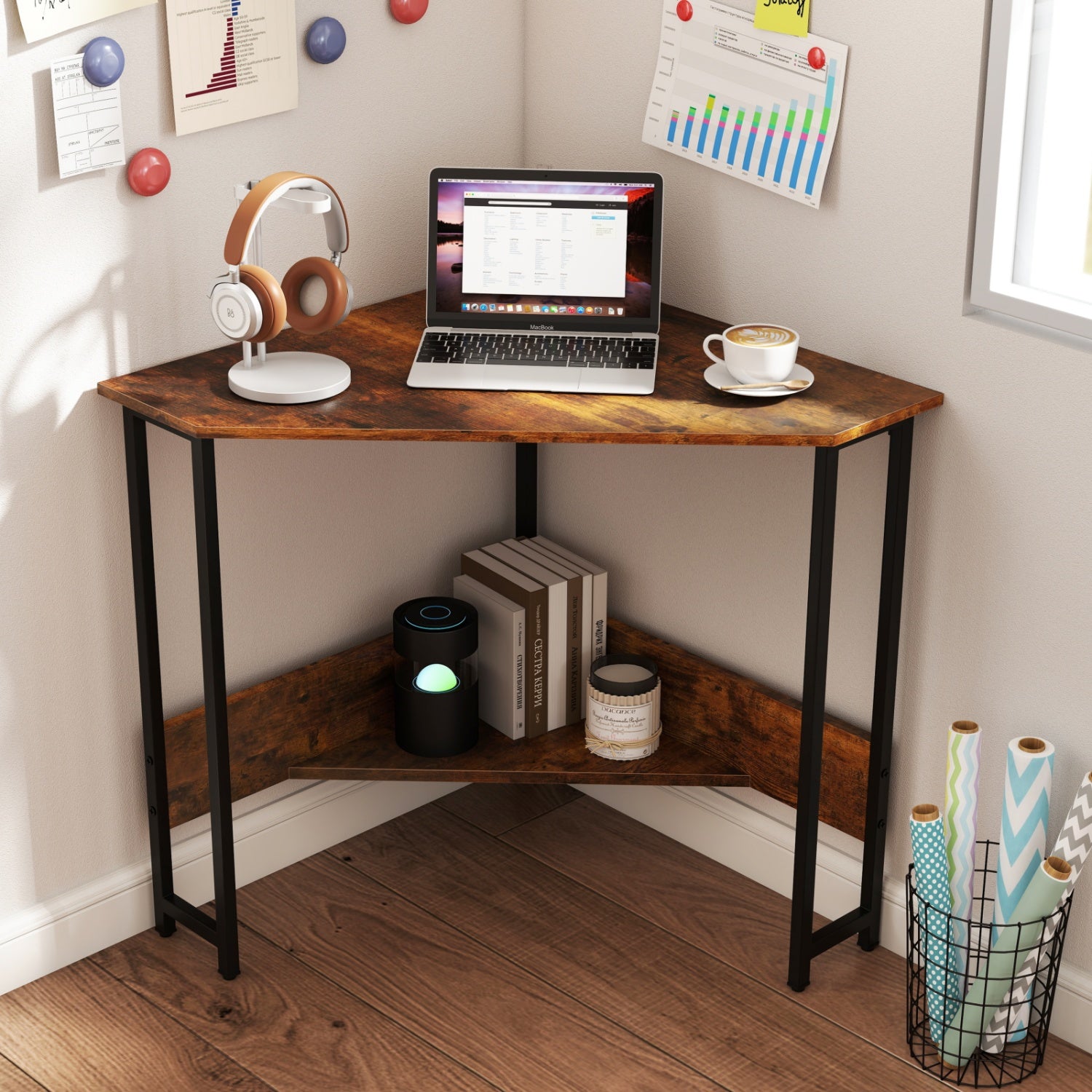 Triangle Computer Corner Desk With Charging Station, Rustic Brown Corner Desks at Gallery Canada