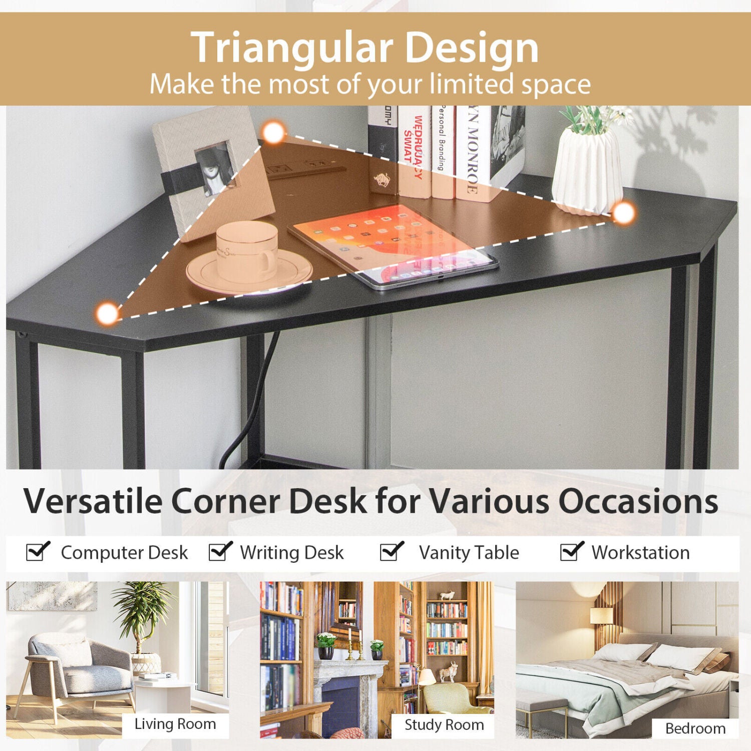 Triangle Computer Corner Desk With Charging Station, Black Corner Desks at Gallery Canada